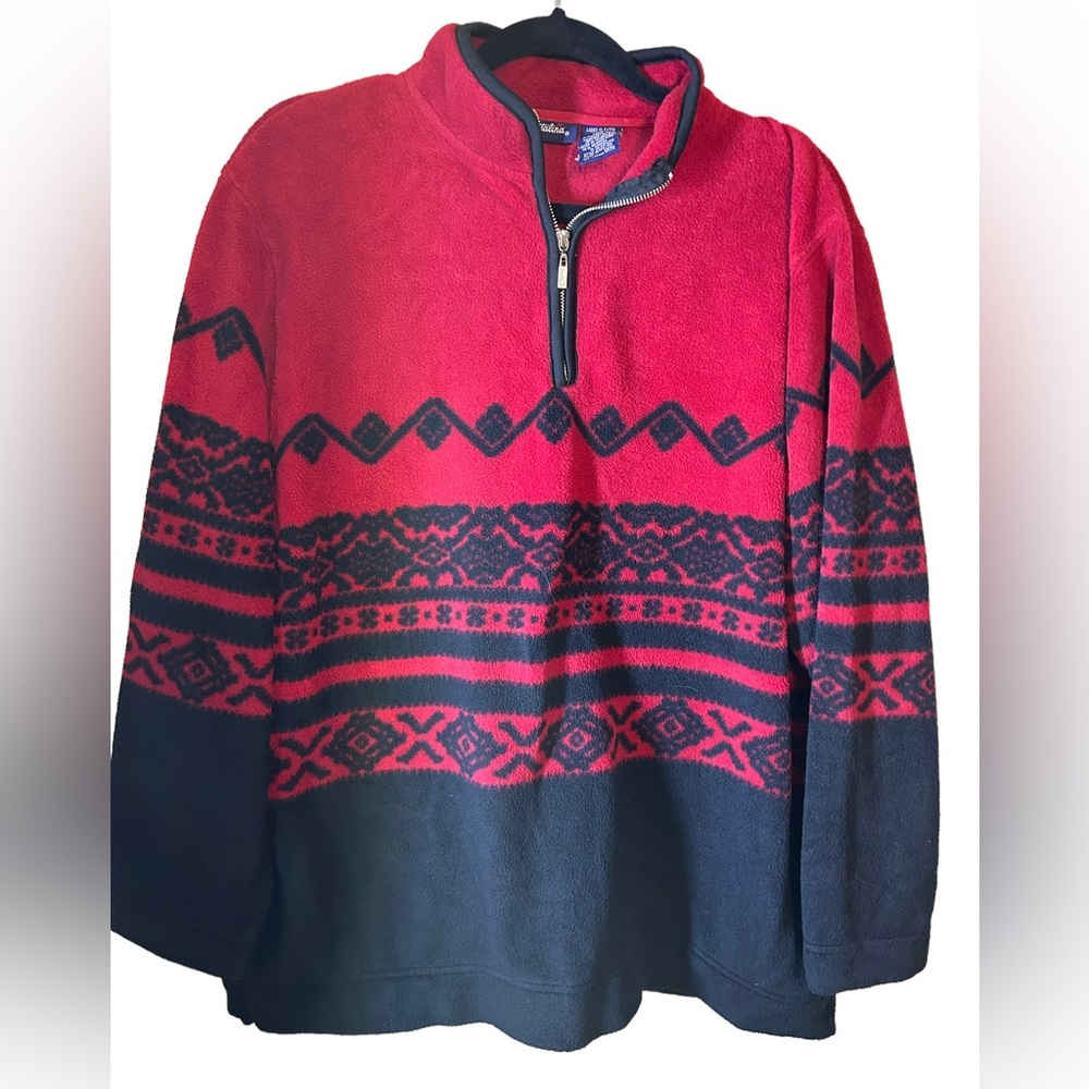 Vintage Catalina Fleece Size XL Quarter Zip Pullover Aztec Red Black, Pockets